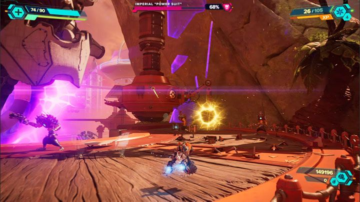 Do kolejnej fazy walki awansujecie po tym jak Imperialna maszyna straci 25% punktów zdrowia - Ratchet & Clank Rift Apart: Rozpoczęcie finału i pokonanie imperatora - solucja - Ratchet & Clank Rift Apart - poradnik do gry