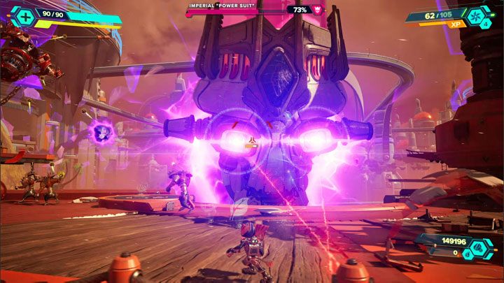 Skupiajcie się na atakowaniu dowolnego oka imperialnej maszyny - Ratchet & Clank Rift Apart: Rozpoczęcie finału i pokonanie imperatora - solucja - Ratchet & Clank Rift Apart - poradnik do gry