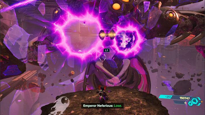 Musicie na przemian atakować oczy bossa oraz nowe monitory aż jego pasek zdrowia spadnie do 0% - Ratchet & Clank Rift Apart: Rozpoczęcie finału i pokonanie imperatora - solucja - Ratchet & Clank Rift Apart - poradnik do gry