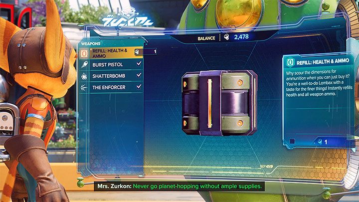 U Pani Zurkon możecie też uzupełniać zapasy amunicji i odnawiać zdrowie, przy czym naszym zadaniem nie jest to dobry pomysł na wydawanie śrubek - Ratchet & Clank Rift Apart: Handlarz - Pani Zurkon - Ratchet & Clank Rift Apart - poradnik do gry