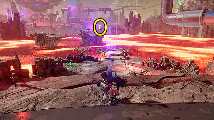 Na początek powinniście zainteresować się pokazanym na obrazku obszarem na północ od miejsca pobytu głównego inżyniera - Ratchet & Clank Rift Apart: Spotkanie z inżynierem, poszukiwania botów - solucja - Ratchet & Clank Rift Apart - poradnik do gry
