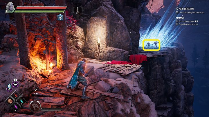 Rozbijcie gruzowisko skał po lewej stronie, aby odsłonić ognisty miecz, który zagwarantuje Wam buff Warmth, dzięki któremu będziecie mogli chodzić po zamarzniętym terenie - Dark Alliance: Legendarne przedmioty - jak farmić? - Dark Alliance - poradnik do gry