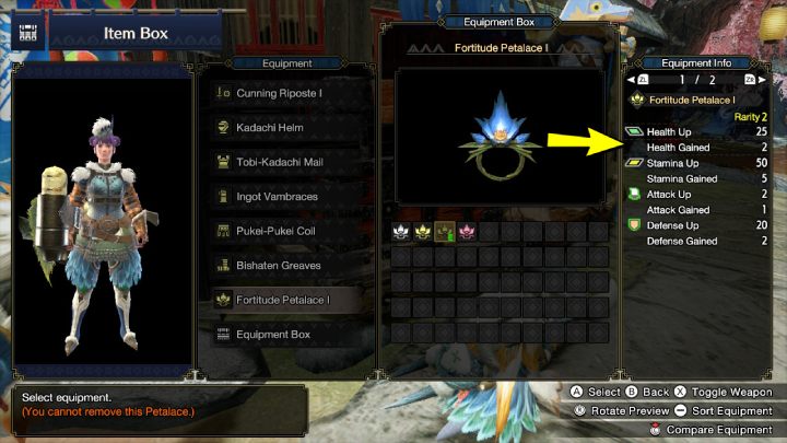 Wzrost Zdrowia (Health Up), który wynosi 25 przy Florii Hartu I oznacza, że możecie zyskać dodatkowe 25 punktów do tej statystyki - Monster Hunter Rise: Floria - Monster Hunter Rise - poradnik do gry