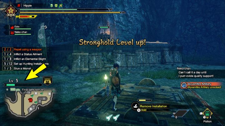 Poziom Waszej Twierdzy znajdziecie po lewej stronie ekranu, nad minimapą - Monster Hunter Rise: Furia - co to? - Monster Hunter Rise - poradnik do gry