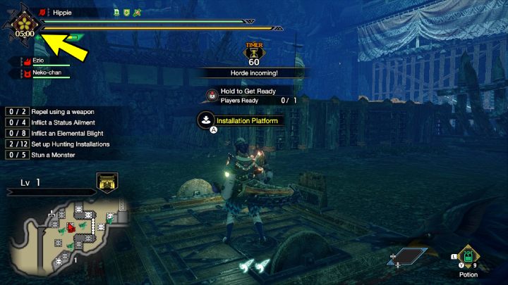 W lewym górnym rogu ekranu znajduje się zegar, ukazujący czas pozostały do utrzymania głównej bramy - Monster Hunter Rise: Furia - co to? - Monster Hunter Rise - poradnik do gry