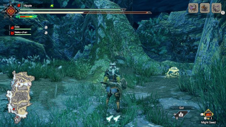 7 stara wiadomość znajduje się na drzewie, wiszącym nad obszarem nr 2 - Monster Hunter Rise: Stare wiadomości - Ruiny Świątynne, znajdźki, mapa - Monster Hunter Rise - poradnik do gry