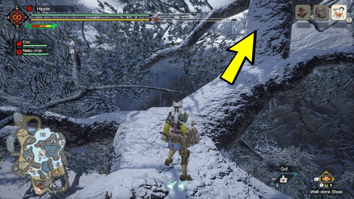 2 stara wiadomość znajduje się na drzewie przy obszarze nr 1 - Monster Hunter Rise: Stare wiadomości - Wyspy Mroźne, znajdźki, mapa - Monster Hunter Rise - poradnik do gry