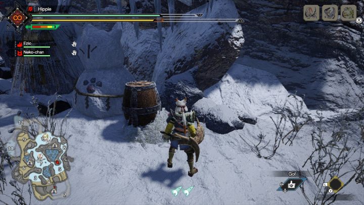 5 stara wiadomość znajduje się pod śnieżnym bałwanem o kształcie kota, na szczycie skały, przy obszarze nr 5 - Monster Hunter Rise: Stare wiadomości - Wyspy Mroźne, znajdźki, mapa - Monster Hunter Rise - poradnik do gry