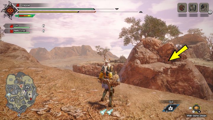 3 stara wiadomość znajduje się na skale, między obszarem nr 1 i 5 - Monster Hunter Rise: Stare wiadomości - Równiny Piasku, znajdźki, mapa - Monster Hunter Rise - poradnik do gry