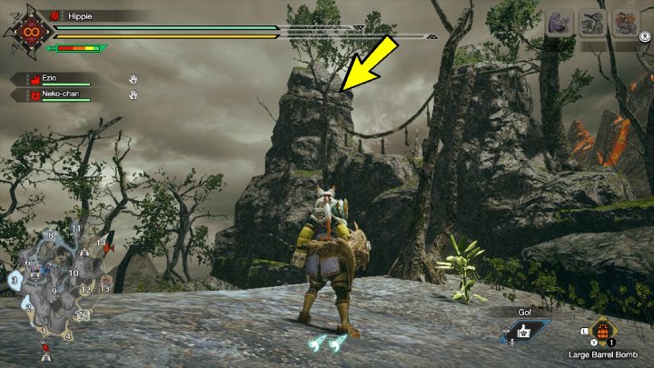 1 stara wiadomość znajduje się przy głównym obozie, na pobliskiej skale - Monster Hunter Rise: Stare wiadomości - Jaskinie Lawy, znajdźki, mapa - Monster Hunter Rise - poradnik do gry