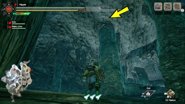 6 stara wiadomość znajduje się na szczycie filaru, pod powierzchnią ziemi, w okolicach obszaru nr 8 - Monster Hunter Rise: Stare wiadomości - Jaskinie Lawy, znajdźki, mapa - Monster Hunter Rise - poradnik do gry