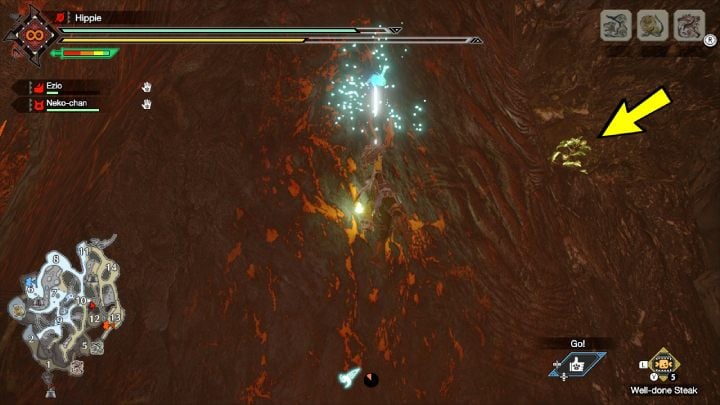 7 stara wiadomość znajduje się na skalnej półce, pod powierzchnią ziemi, między obszarami 10 i 12 - Monster Hunter Rise: Stare wiadomości - Jaskinie Lawy, znajdźki, mapa - Monster Hunter Rise - poradnik do gry