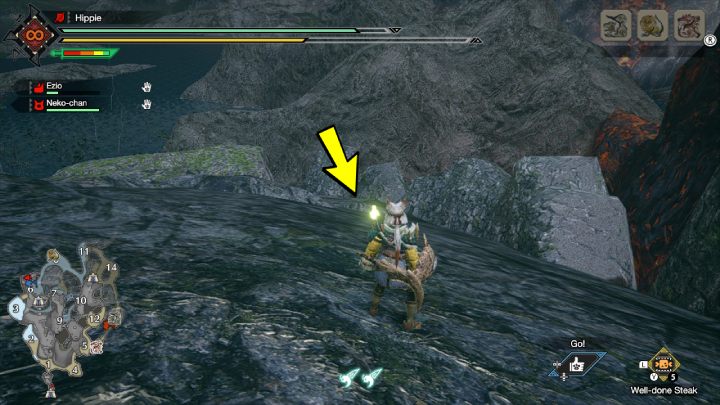 8 stara wiadomość znajduje się na skale, w obszarze nr 6 - Monster Hunter Rise: Stare wiadomości - Jaskinie Lawy, znajdźki, mapa - Monster Hunter Rise - poradnik do gry