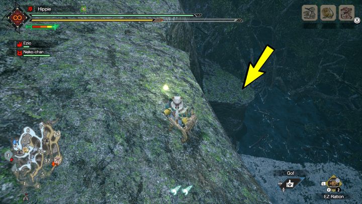 9 stara wiadomość o Furii znajduje się na skalnej półce, na skraju mapy obszaru nr 3 - Monster Hunter Rise: Stare wiadomości - Jaskinie Lawy, znajdźki, mapa - Monster Hunter Rise - poradnik do gry