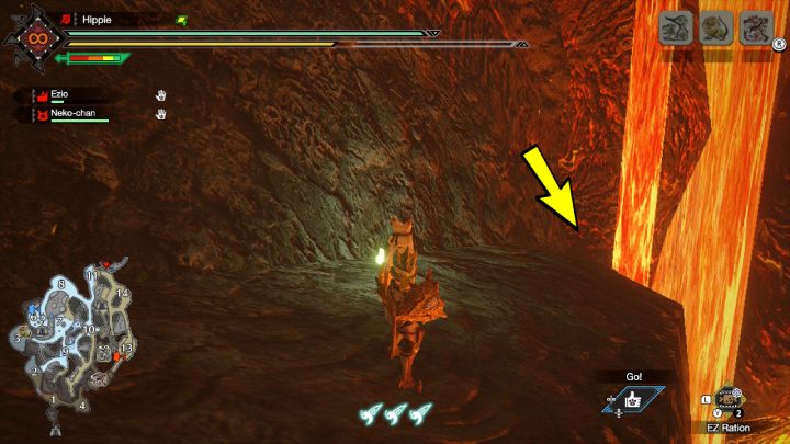 Po wyjściu z korytarza udajcie się w lewo - Monster Hunter Rise: Stare wiadomości - Jaskinie Lawy, znajdźki, mapa - Monster Hunter Rise - poradnik do gry