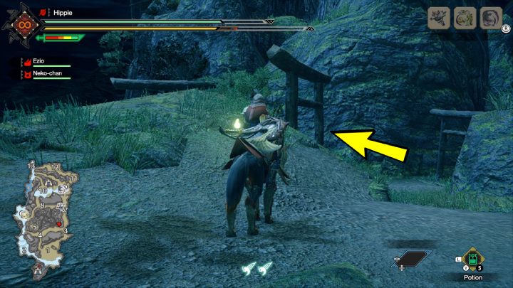 Udajcie się do obszary nr 3 i wejdzie na szczyt góry po pnączach, znajdujących się koło małej kapliczki - Monster Hunter Rise: Śnieżnolicy lis - jak znaleźć? - Monster Hunter Rise - poradnik do gry