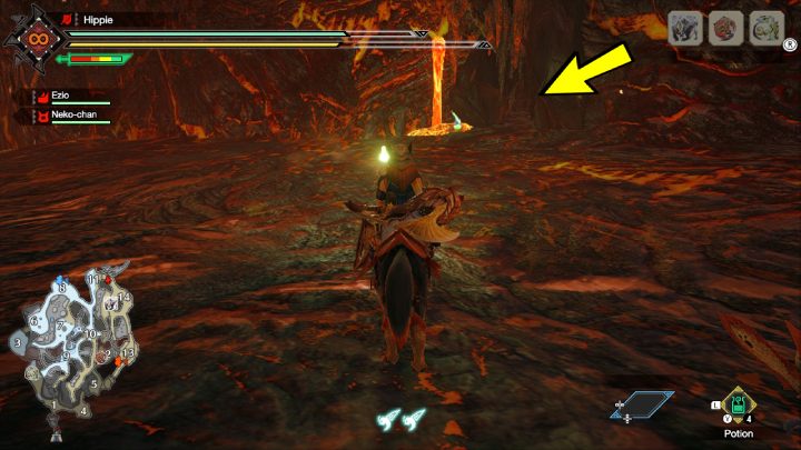 Małe wejście do sekretnego pomieszczenia jaskini łatwo odnaleźć dzięki zielonemu Duchoptakowi (Green Spiribird) - Monster Hunter Rise: Pieklik - jak znaleźć? - Monster Hunter Rise - poradnik do gry