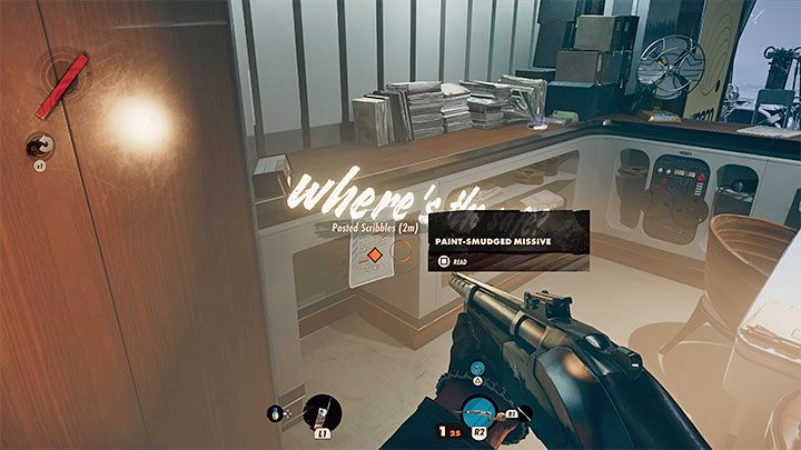 W biurze ochrony zainteresujcie się przede wszystkim pokazaną na obrazku notatką (Paint-Smudged Missive) - jej lektura pozwoli Wam poznać kombinację do sejfu (w naszym przypadku było to 7615, ale gra może wylosować inną) - Deathloop: Prolog Colta, Najdłuższy dzień - solucja, opis przejścia - Deathloop - poradnik do gry