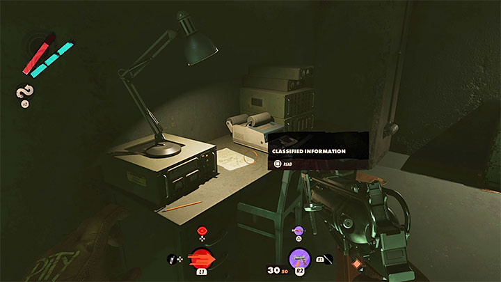 Tak samo jak w poprzednich stacjach możecie spróbować przeszukać nową lokację w 100% lub od razu zainteresować się poufnym dokumentem (Classified Information) z biurka - Deathloop: Cisza radiowa - solucja, opis przejścia - Deathloop - poradnik do gry
