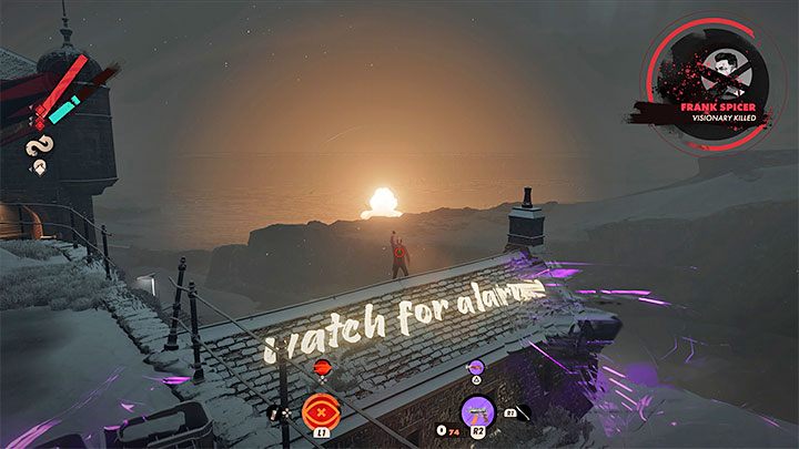 Jeśli poprawnie wykonaliście sabotaż fajerwerków podczas wizyty w Zatoce Karla w godzinach porannych, to w tle dojdzie do eksplozji, która zabije Franka - Deathloop: Koniec końców - solucja, opis przejścia - Deathloop - poradnik do gry