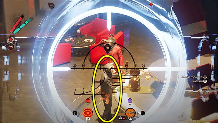 Używajcie funkcji skupiania (Focus) na gościach balu (przytrzymanie dolnego kierunku na padzie) po to żeby sprawdzać kolejnych uczestników balu - Deathloop: Jak zdemaskować Aleksis? - Deathloop - poradnik do gry