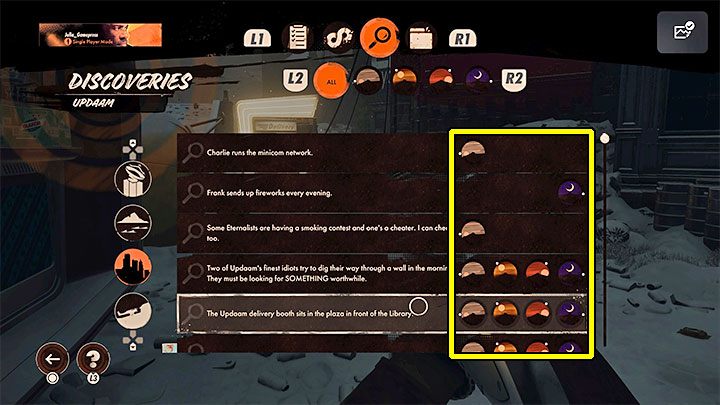 W opisach śledztw i pojedynczych odkryć pojawiają się ikony symbolizujące w jakich porach dnia dana aktywność jest dostępna - Deathloop: Jak zmienić porę dnia? - Deathloop - poradnik do gry