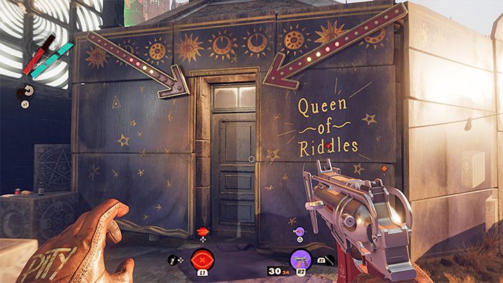 Podczas eksploracji dzielnicy Zatoka Karla możecie natrafić na pokazany na obrazku budynek z napisem Queen of Riddles - Deathloop: Jak zaliczyć quiz Yerhva? - Deathloop - poradnik do gry