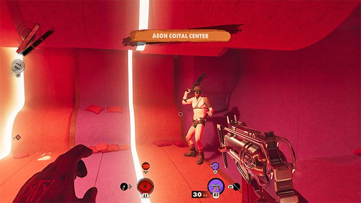 Eternalista przebywa wewnątrz czerwonego budynku sąsiadującego z budynkiem Dawn of Reason - jest to centralna część dzielnicy - Deathloop: Jak zdobyć trofeum Nagi zgon? - Deathloop - poradnik do gry