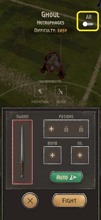 Włączyć tryb AR można rozpoczynając walkę bądź na samym jej popczątku - Wiedźmin Pogromca potworów: Walka - tryb AR - Wiedźmin Pogromca potworów - poradnik do gry