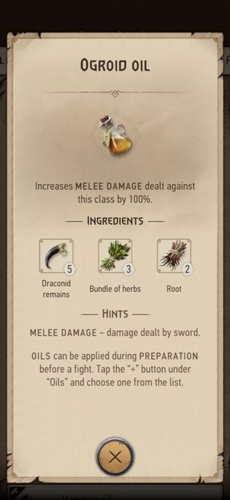 Działanie: zwiększa obrażenia zadawane ogrowatym w walce wręcz o 100% - Wiedźmin Pogromca potworów: Oleje - Wiedźmin Pogromca potworów - poradnik do gry