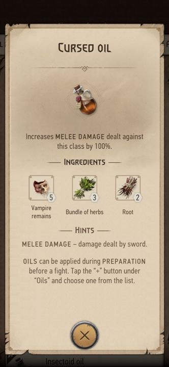 Działanie: zwiększa obrażenia zadawane przeklętym w walce wręcz o 100% - Wiedźmin Pogromca potworów: Oleje - Wiedźmin Pogromca potworów - poradnik do gry