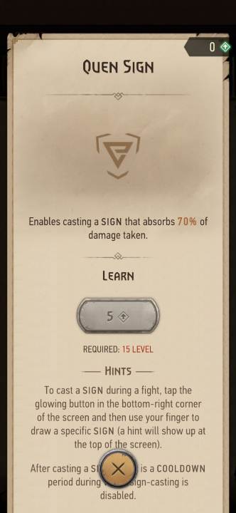 Działanie: umożliwia rzucenie znaku Quen - który pochłania obrażenia - Wiedźmin Pogromca potworów: Umiejętności - znaki - Wiedźmin Pogromca potworów - poradnik do gry
