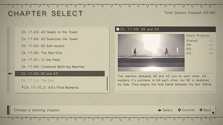 Po tym jak odblokujecie i obejrzycie jedno z zakończeń gra udostępni opcję Chapter Select, tzn - NieR Automata: Zakończenia Route C i Route D - solucja, opis przejścia - NieR Automata - poradnik do gry