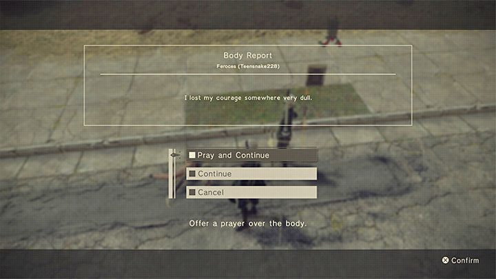 Po wejściu w interakcję ze zwłokami macie kilka opcji zachowania - NieR Automata: Elementy społecznościowe - NieR Automata - poradnik do gry