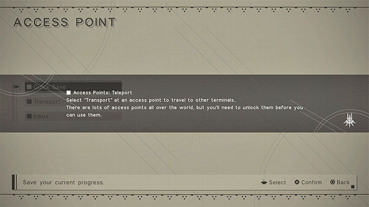 Po wejściu w interakcję z Access Pointem wyświetli się komunikat potwierdzający odblokowanie szybkiej podróży nazywanej także w grze teleportowaniem się - NieR Automata: Szybka podróż - jak odblokować i używać? - NieR Automata - poradnik do gry