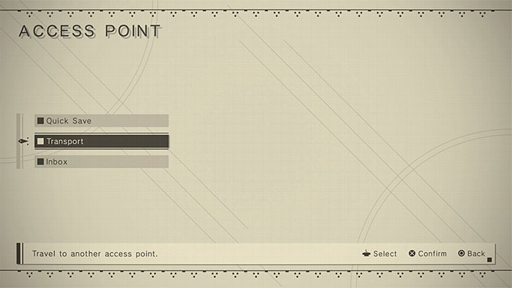 W celu skorzystania z szybkiej podróży musicie wejść w interakcję z dowolnym automatem Access Point i wybrać z listy opcję Transport - NieR Automata: Szybka podróż - jak odblokować i używać? - NieR Automata - poradnik do gry