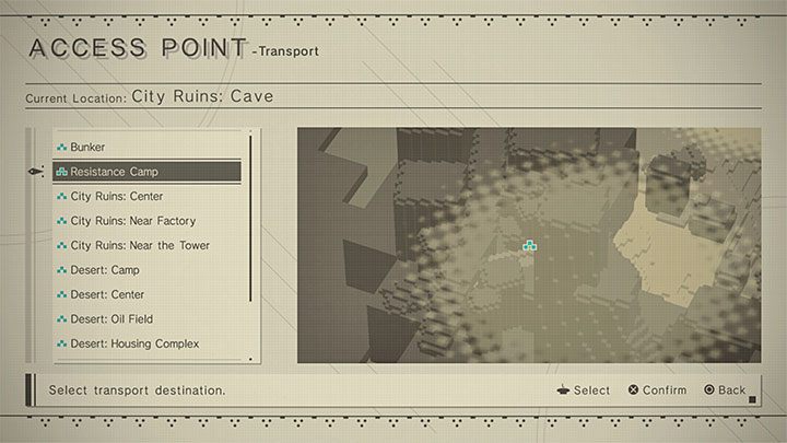 Pojawi się lista odkrytych Access Points i możecie wybrać dowolny z nich - NieR Automata: Szybka podróż - jak odblokować i używać? - NieR Automata - poradnik do gry