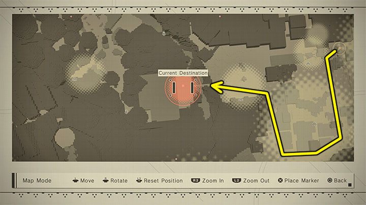 Po dotarciu do ruin miasta radzimy wybrać pokazaną na obrazku przykładową okrężną drogę - NieR Automata: 11 Rozdział, 2B i 9S - Route C,D - solucja, opis przejścia - NieR Automata - poradnik do gry