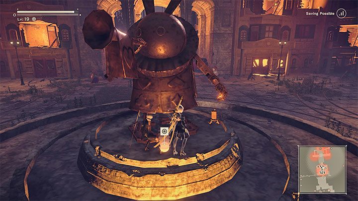 Pieczątka 1 - Zbadajcie świecący się loot u podstawy posągu z trąbką na pierwszym dziedzińcu - NieR Automata: Park rozrywki - solucja, misje poboczne - NieR Automata - poradnik do gry