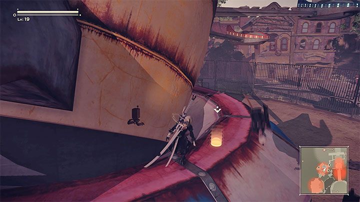 Pieczątka 5 - Dotrzyjcie do bocznej lokacji z diabelskim młynem (tym samym gdzie podczas pierwszej wizyty w parku rozrywki skakaliście po siedzeniach) - NieR Automata: Park rozrywki - solucja, misje poboczne - NieR Automata - poradnik do gry