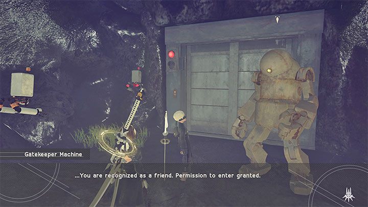 Wejścia do podziemnego koloseum pilnuje bramkarz Gatekeeper Machine - NieR Automata: Las i Zamek - solucja, misje poboczne - NieR Automata - poradnik do gry