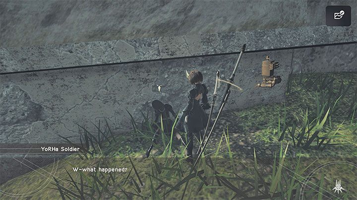 Ze skanerem możecie opcjonalnie powrócić na wybrzeże i zacząć go używać (przytrzymywanie L1) na pokonanych członkach oddziału YoRHa i kilku umierających żołnierzy uda się Wam nawet przepytać - NieR Automata: 8 Rozdział, Route A - solucja, opis przejścia - NieR Automata - poradnik do gry