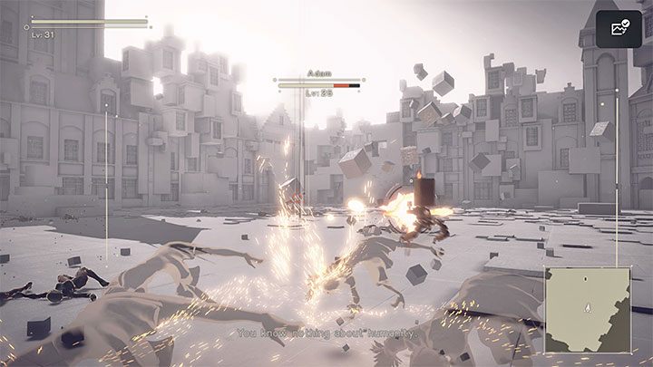 Jedną z najczęściej używanych przez Adama umiejętności jest chowanie się za własnoręcznie stworzonym murem z klocków - NieR Automata: 8 Rozdział, Route A - solucja, opis przejścia - NieR Automata - poradnik do gry