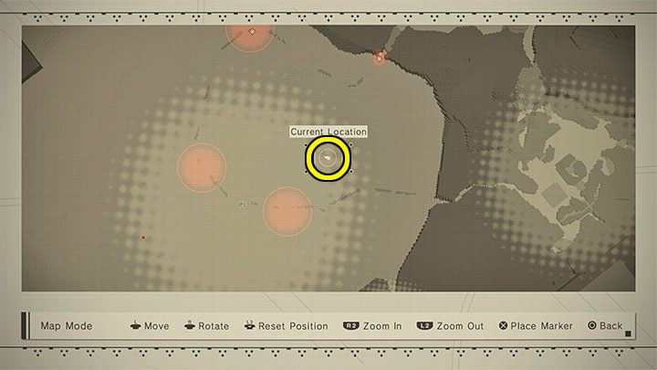 W największym obszarze pustyni możecie też opcjonalnie użyć skanera (programu poda) w miejscu zaznaczonym na obrazku - NieR Automata: 3 Rozdział, Route B - solucja, opis przejścia - NieR Automata - poradnik do gry