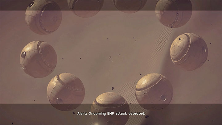 Musicie powtarzać wszystkie powyższe czynności (atakowanie całego bossa w locie oraz pojedynczych odczepionych kul) aż doprowadzicie do załączenia cut-scenki z otoczenia A2 przez kule - NieR Automata: 12 Rozdział, A2 - Route C,D - solucja, opis przejścia - NieR Automata - poradnik do gry