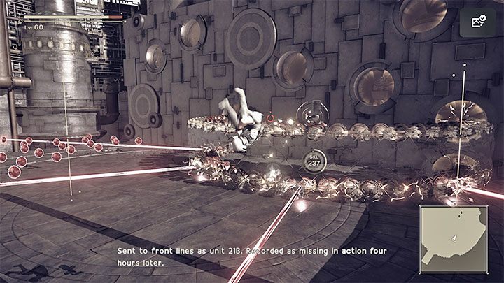 Pierścienie będą strzelały czerwonymi laserami i chcąc uniknąć otrzymywania obrażeń musicie w odpowiednich momentach nad nimi przeskakiwać - NieR Automata: 16 Rozdział, 9S i A2 - Route C,D - solucja, opis przejścia - NieR Automata - poradnik do gry