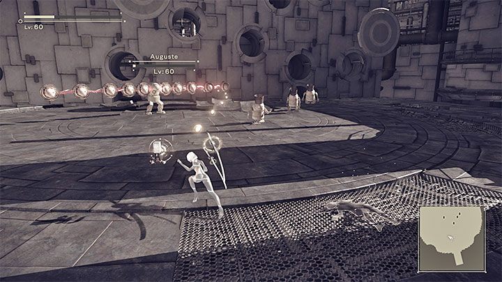 Do walk mogą dołączyć małe maszyny i najlepiej jest polegać wtedy na atakach obszarowych po to żeby jednocześnie starać się je niszczyć i osłabiać bossa - NieR Automata: 16 Rozdział, 9S i A2 - Route C,D - solucja, opis przejścia - NieR Automata - poradnik do gry