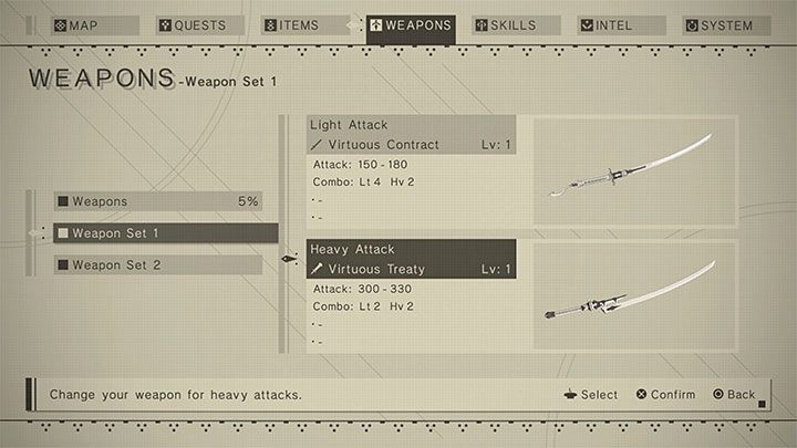 Bronie możecie przeglądać i ustawiać jako aktywne w zakładce Weapons - NieR Automata: Walka - NieR Automata - poradnik do gry