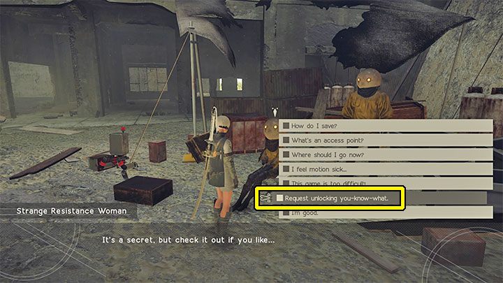 Z listy dialogowej wybierzcie nową opcję Request unlocking you-know-what - NieR Automata: Sklep z trofeami - jak odblokować? - NieR Automata - poradnik do gry