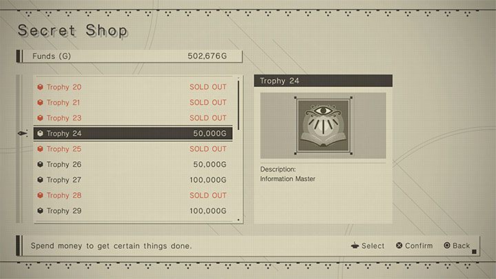 W nowym oknie Secret Shop pojawi się lista trofeów uwzględniające te, które już zdobyliście oraz te, których jeszcze nie macie - NieR Automata: Sklep z trofeami - jak odblokować? - NieR Automata - poradnik do gry